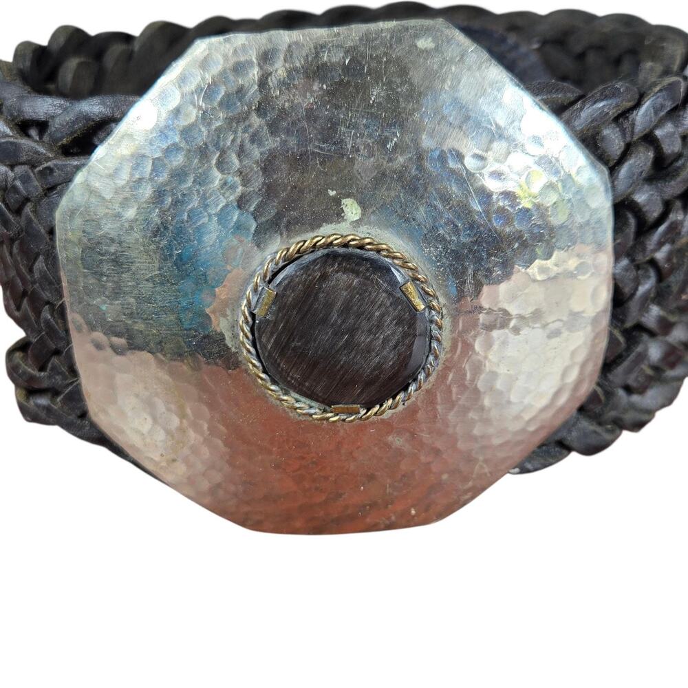 Womens Wide Braided Leather Belt Brown Western Boho Hammered Mixed Metal Buckle - Picture 6 of 10